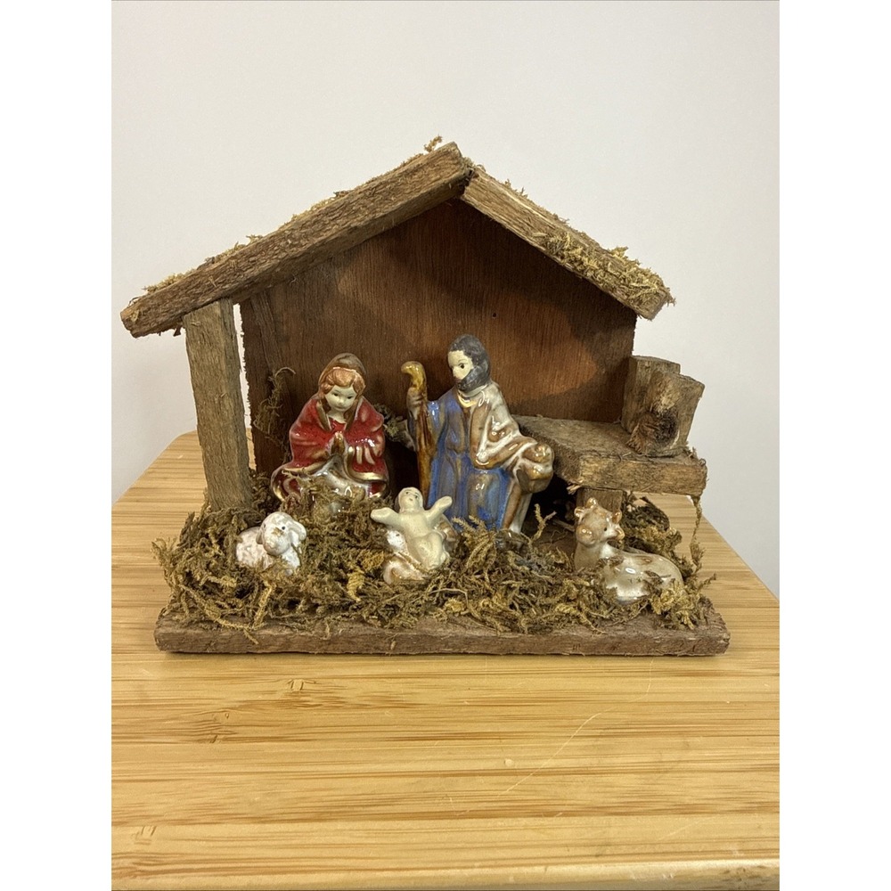 Christmas House Porcelain & Wood Nativity‎ Scene Miniature Creche VTG